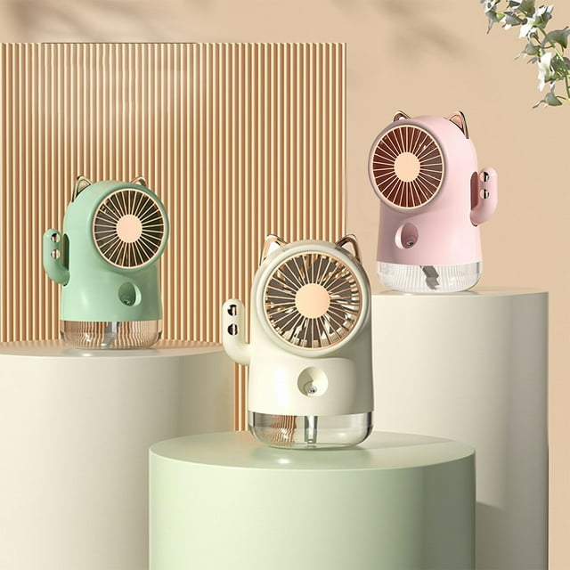 Ventilador recargable USB de niebla de agua - Portátil portátil de sobremesa con niebla de hielo y ajustes de 3 velocidades, rosa/blanco/verde, 11x17,5cm