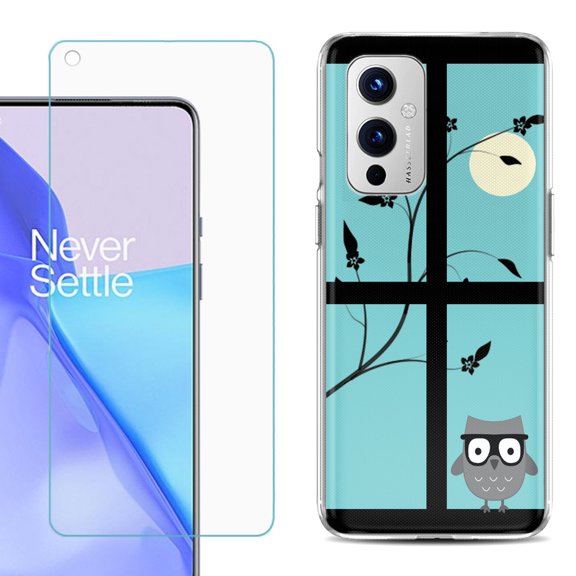 Slim-Fit TPU Phone Case Compatible with OnePlus 9 5G, with Tempered Glass Screen Protector, by OneToughShield ® - Moon Owl