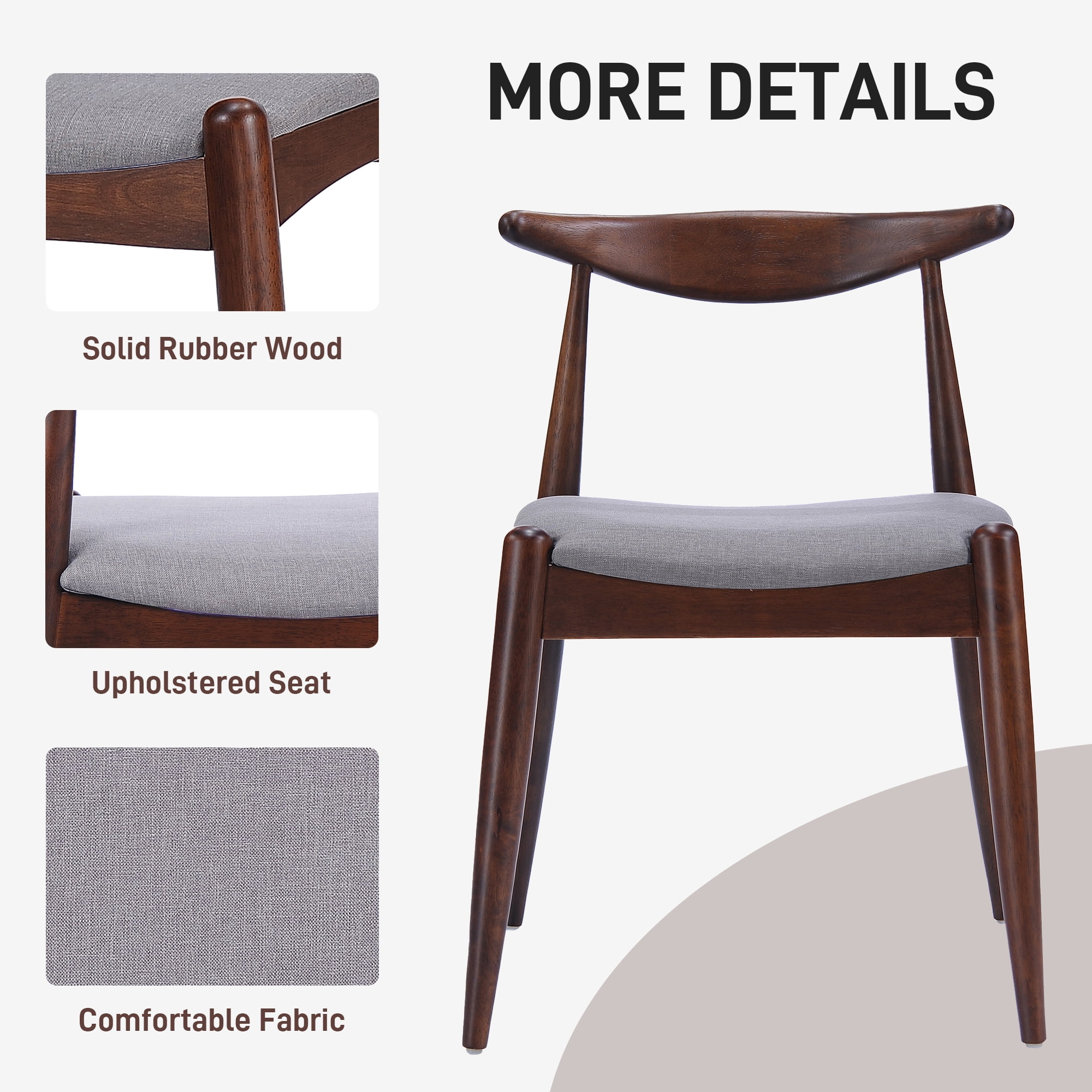 Euroco Dining Chairs Set of 2, Solid Wood Farmhouse Dining Room Chair with Ergonomic Backrest & Cushion for Kitchen,Light Gray,Walnut