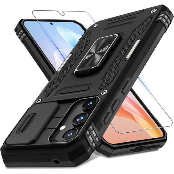 for Samsung Galaxy A35/A55 5G Case with Slide Camera Cover Screen Protector (1 Pack), Rotated Ring Kickstand Military Grade Shockproof Protective Cover-Black