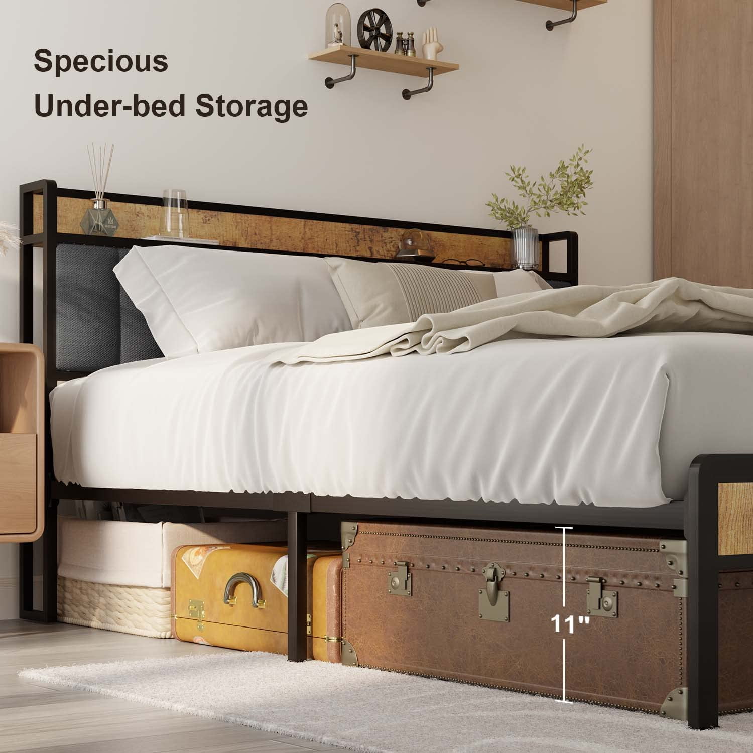 Queen Size Bed Frame with Upholstered Storage Headboard and Wooden Footboard, Under-bed Storage and Noise Free Design, Gray Finish
