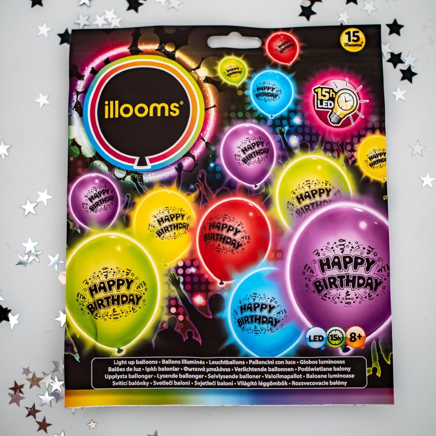 Ballons illuminés illooms à DEL de couleurs mixtes imprimé de « Happy Birthday » Paq. de 15