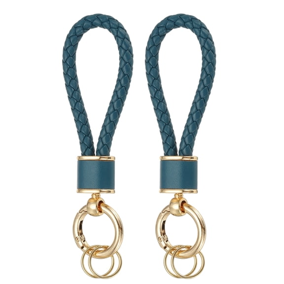 Uxcell 2 Pack Braided Leather Keychain, Keychain Ring Woven Strap Lanyard Strap with 360 Degree Rotatable for Car Key Bag Wallet, Gold/Tibetan Blue