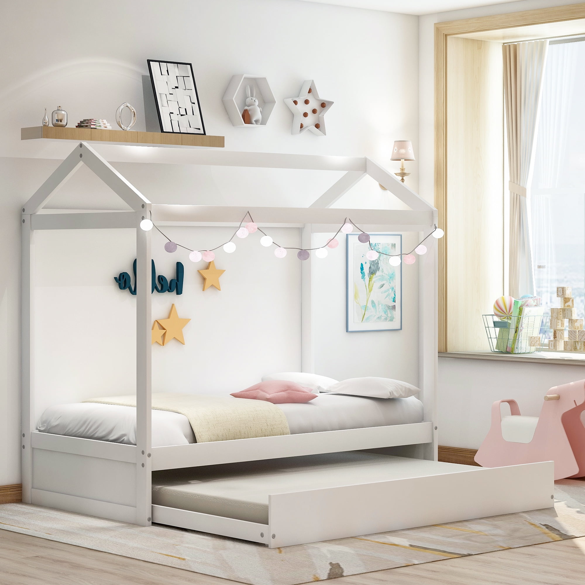 Aukfa House Bed with Trundle, Wood Kids Twin Bed - White