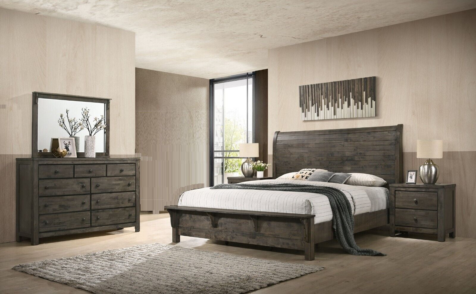 Contemporary Classic 4pc King Builtin Bench Bed Dresser Mirror Nightstand Set Curve Headboard