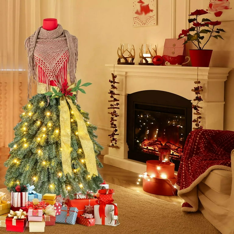 Auranook 5 FT Artificial Mannequin Tree, Dress Form Xmas Tree with 248  Branch Tips, 100 Warm White LED Lights, Gold Ribbon, Scarf & Folding Metal  Stand, Pre-Lit Christmas Tree for Fashion Studio -