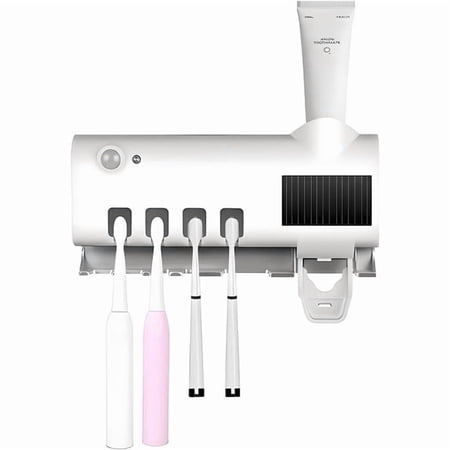 CYYI Wall Mounted Toothbrush Holder with Toothpaste Dispenser – 4 Slots, No-Drill Mounting, Rechargeable for Bathroom, Hotel, Dorm, RV (White)
