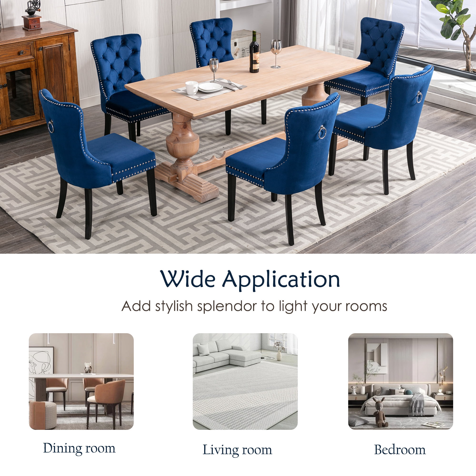 Velvet Dining Chairs Set of 4, Upholstered High-end Tufted Dining Room Chair with Nailhead Back Ring Pull Trim Solid Wood Legs, Contemporary Nikki Collection Modern Style for Kitchen, Blue