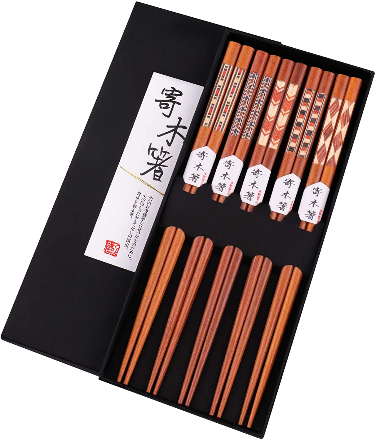 5 Pairs Japanese Fiberglass Chopsticks Reusable Dishwasher Safe Chop Sticks Chopstick Set with Case 9 inches Black Flower Chopsticks 