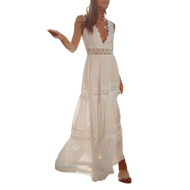 VISgogo Vestido midi sin mangas para mujer, vestido de encaje de color sólido de cintura alta con cuello en V profundo bohemio VISgogo moda