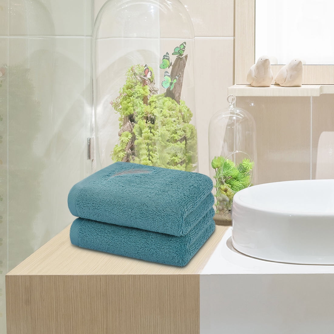 Unique Bargains Embroidered Cotton Hand Towels Set of 2 16 x 28 Inch Teal Blue