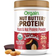 Orgain X Justin's ® Organic Vegan Nut Butter Protein Powder, Chocolate Peanut Butter- 20g Plant Protein, 1g Sugar, Gluten Free, No Dairy, Soy Ingredients, or Artificial Flavors, 1.17 lb