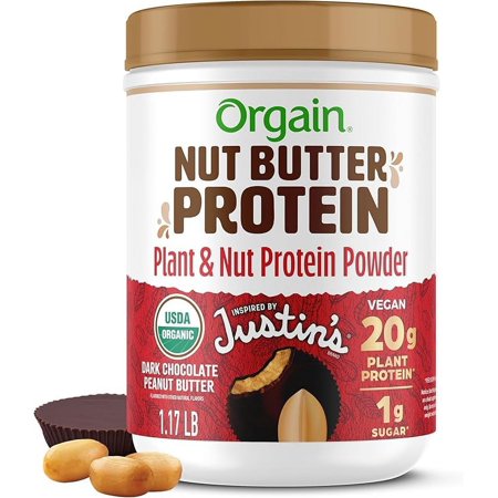 Orgain X Justin's ® Organic Vegan Nut Butter Protein Powder, Chocolate Peanut Butter- 20g Plant Protein, 1g Sugar, Gluten Free, No Dairy, Soy Ingredients, or Artificial Flavors, 1.17 lb
