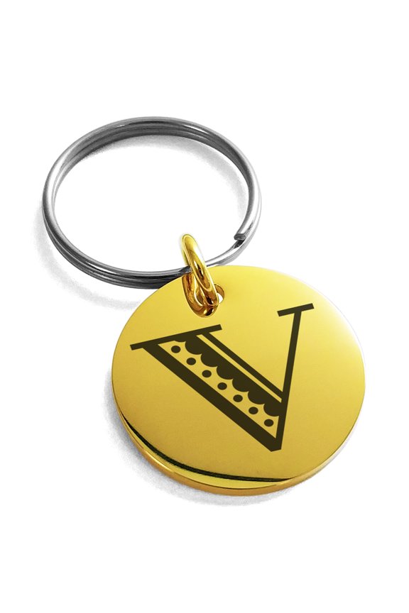 Stainless Steel Letter V Initial Metro Retro Monogram Engraved Small Medallion Circle Charm Keychain Keyring