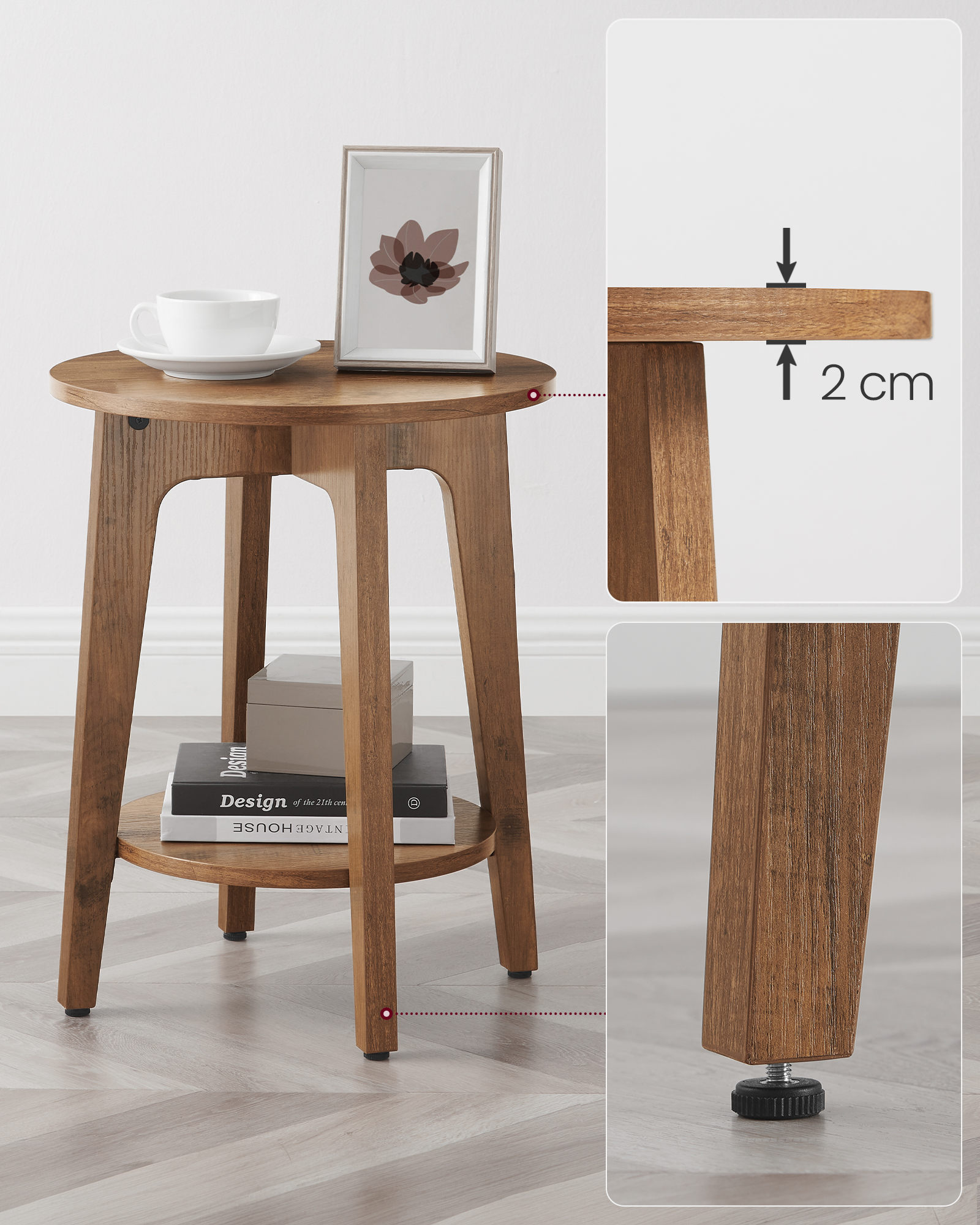VASAGLE 2-Tier Round Side Table, Honey Brown photo 4