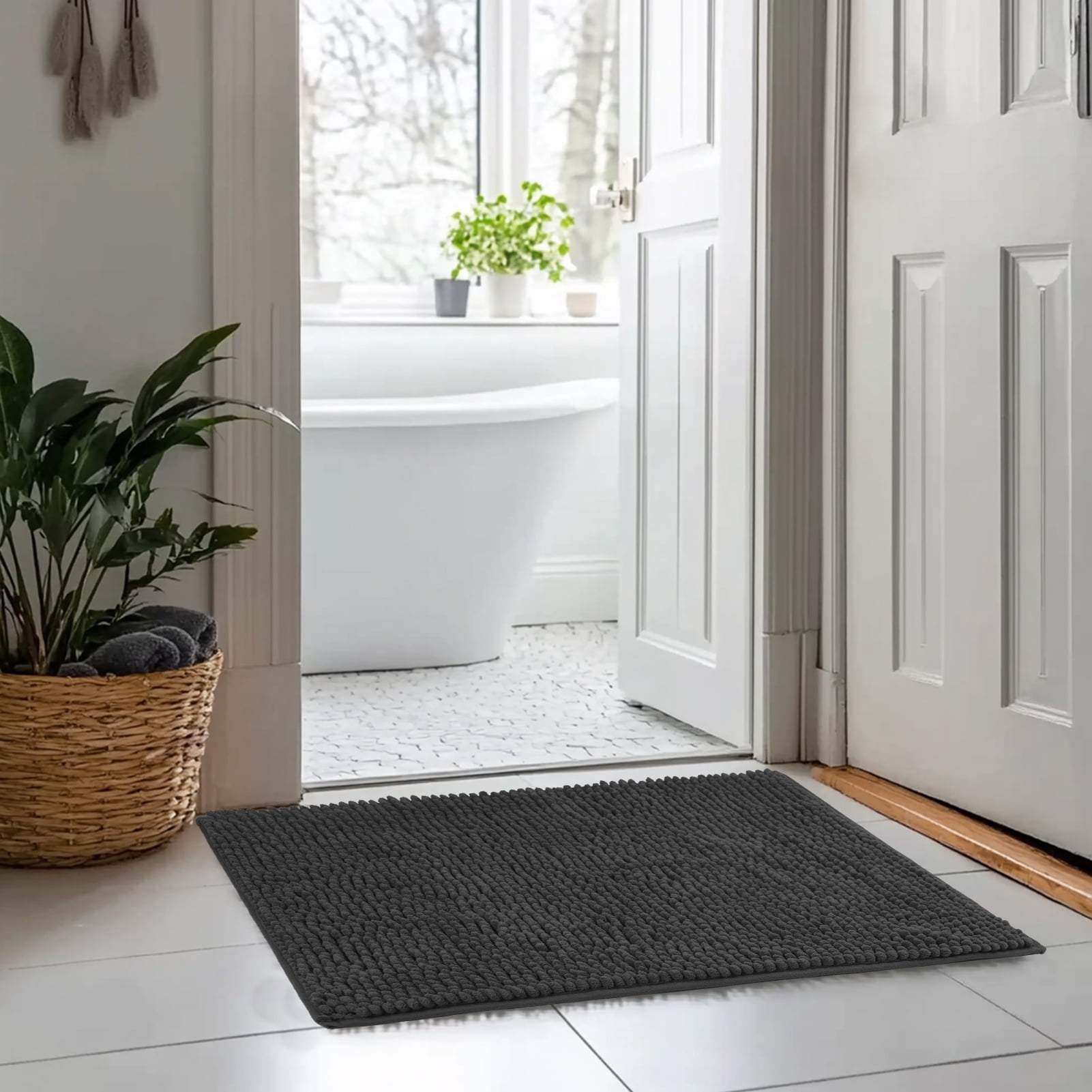 3 Pieces Bath Mat Set, Soft Chenille Bathroom Rugs Mat, Absorbent Spa Shaggy Bath Rugs Set, Machine Washable & Non Slip Bath Mats for Bathroom, Tub, Shower（Black）