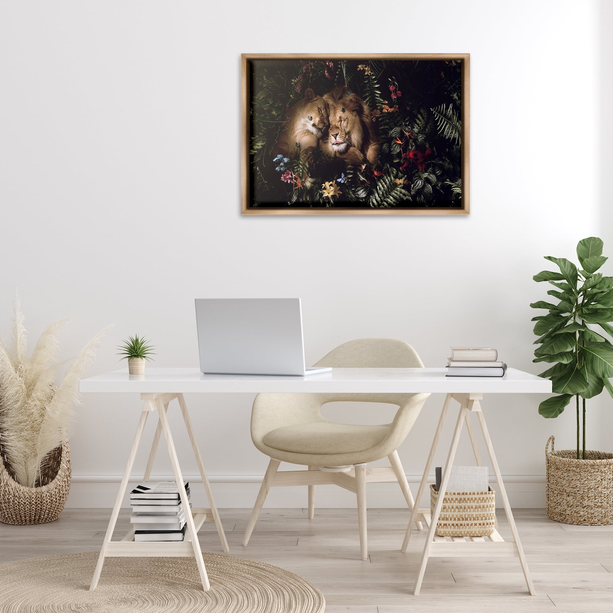 Stupell Industries Cuddling Lions Among Leaves Plants & Flowers Painting Brown Floater Framed Canvas Art Print Wall Art, 31 x 21