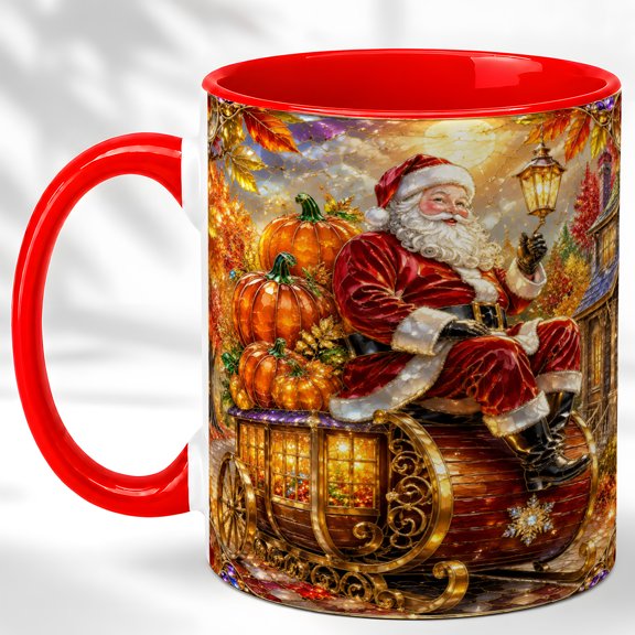 Harvest Santa Coffee Mug, Pumpkin Sleigh Mug, Ceramic 11 oz