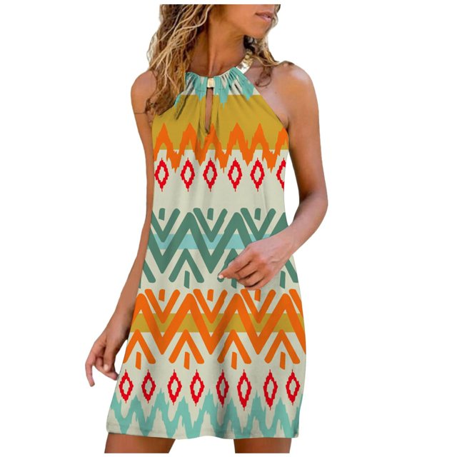 Vestido estampado casual con cuello halter y cuello en V sin mangas para mujer Pompotops ghjkhdj3386