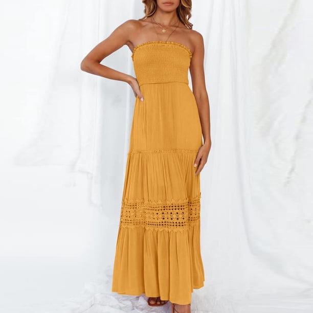 JGGSPWM Womens Lace Patchwork Solid Crochet Dress Off the Shoulder  Sleeveless Dresses Beachwork Tube Sundress Yellow XL - Walmart Business  Supplies
