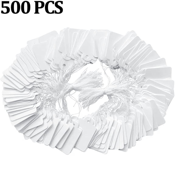 500 Hanging tags,White Price Display Tags with String for Jewelry, Clothing - 1.38 x 0.87 inches