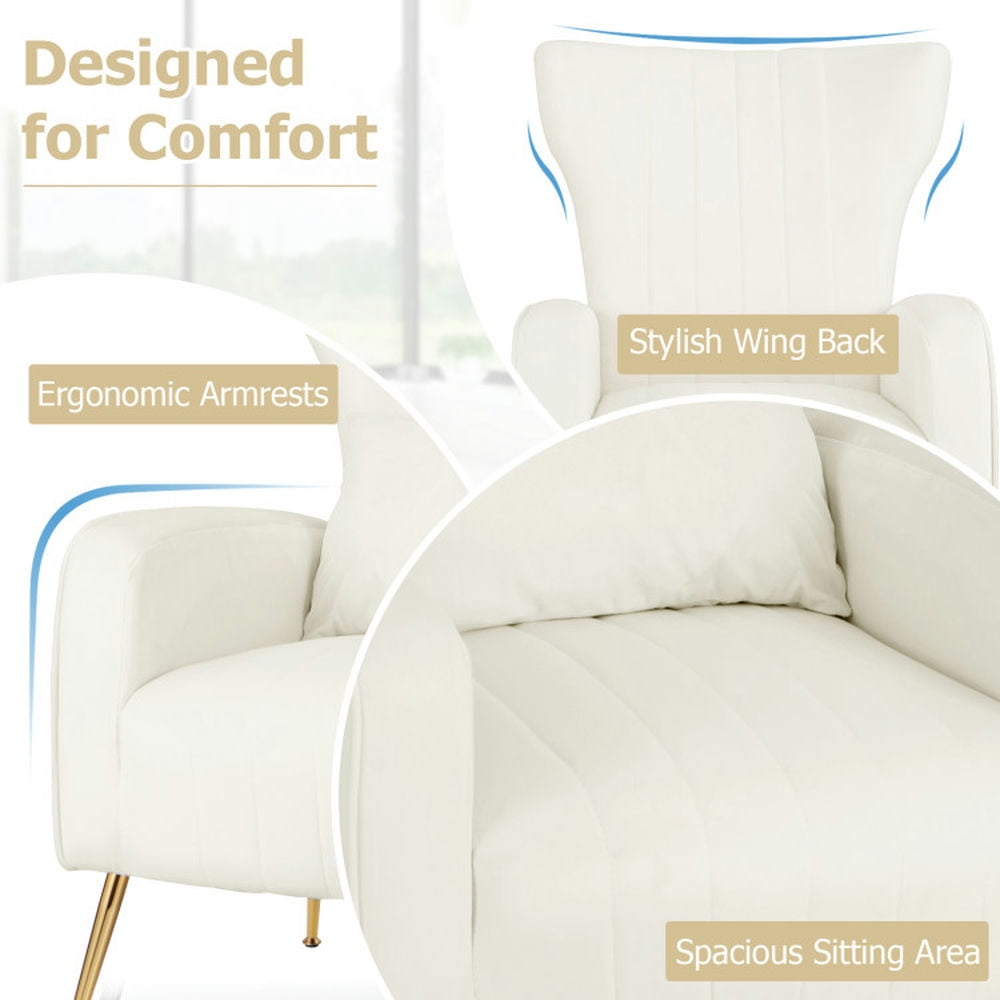 Finihen Accent Chair, Wingback Accent Armchair, Modern Accent Chair, Velvet Upholstered Wingback Chair with Lumbar Pillow and Golden Metal Legs, for Living Room, Bedroom, White Finihen Accent Chair, Wingback Accent Armchair, Modern Accent Chair, Velvet Upholstered Wingback Chair with Lumbar Pillow and Golden Metal Legs, for Living Room, Bedroom, White