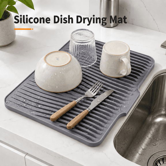 VALUNE Grey Silicone Dish Drying Mat for Kitchen Counter, 19.7" x 17" Non-Slip Drain Pad, Heat Resistant Trivet, Easy to Clean Multi-Use Dish Rack Pad