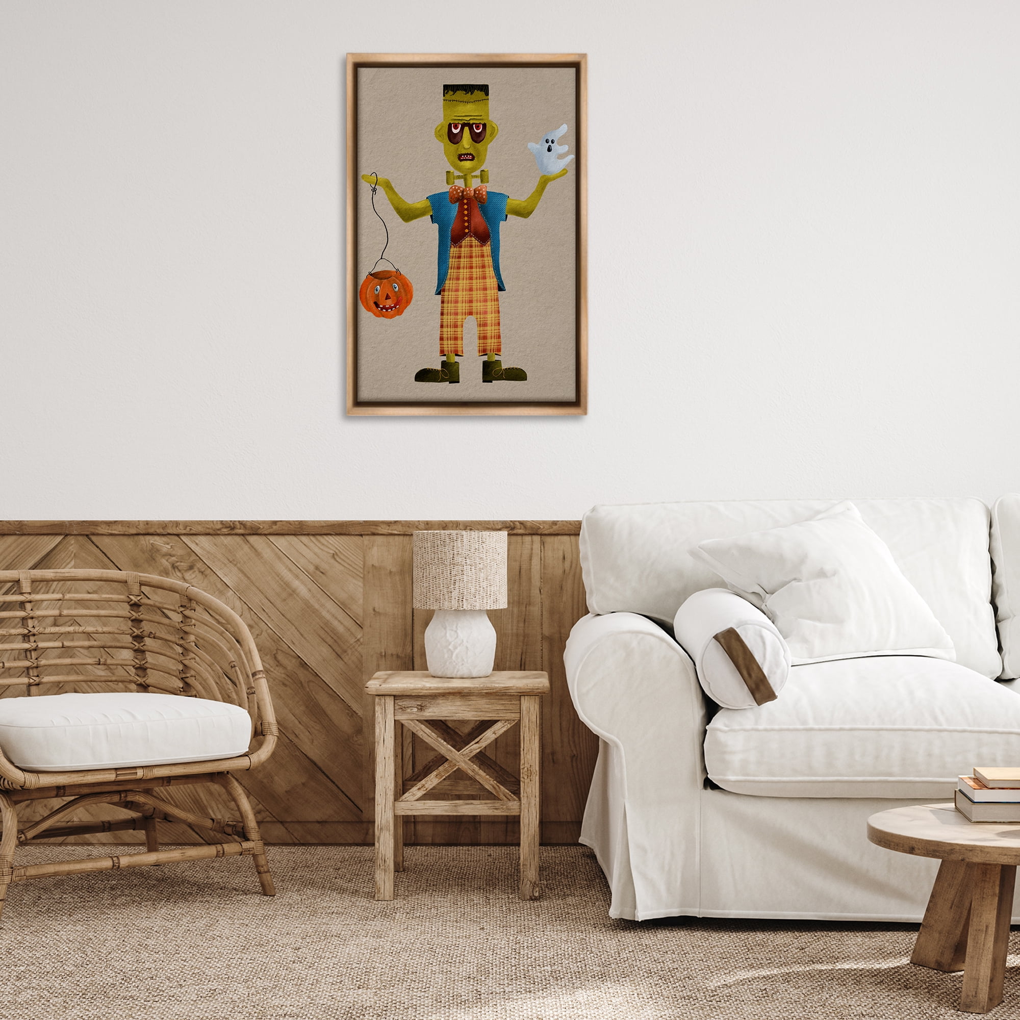 Stupell Industries Halloween Monster & Ghost Holiday Painting Brown Floater Framed Art Print Wall Art, 21 x 31