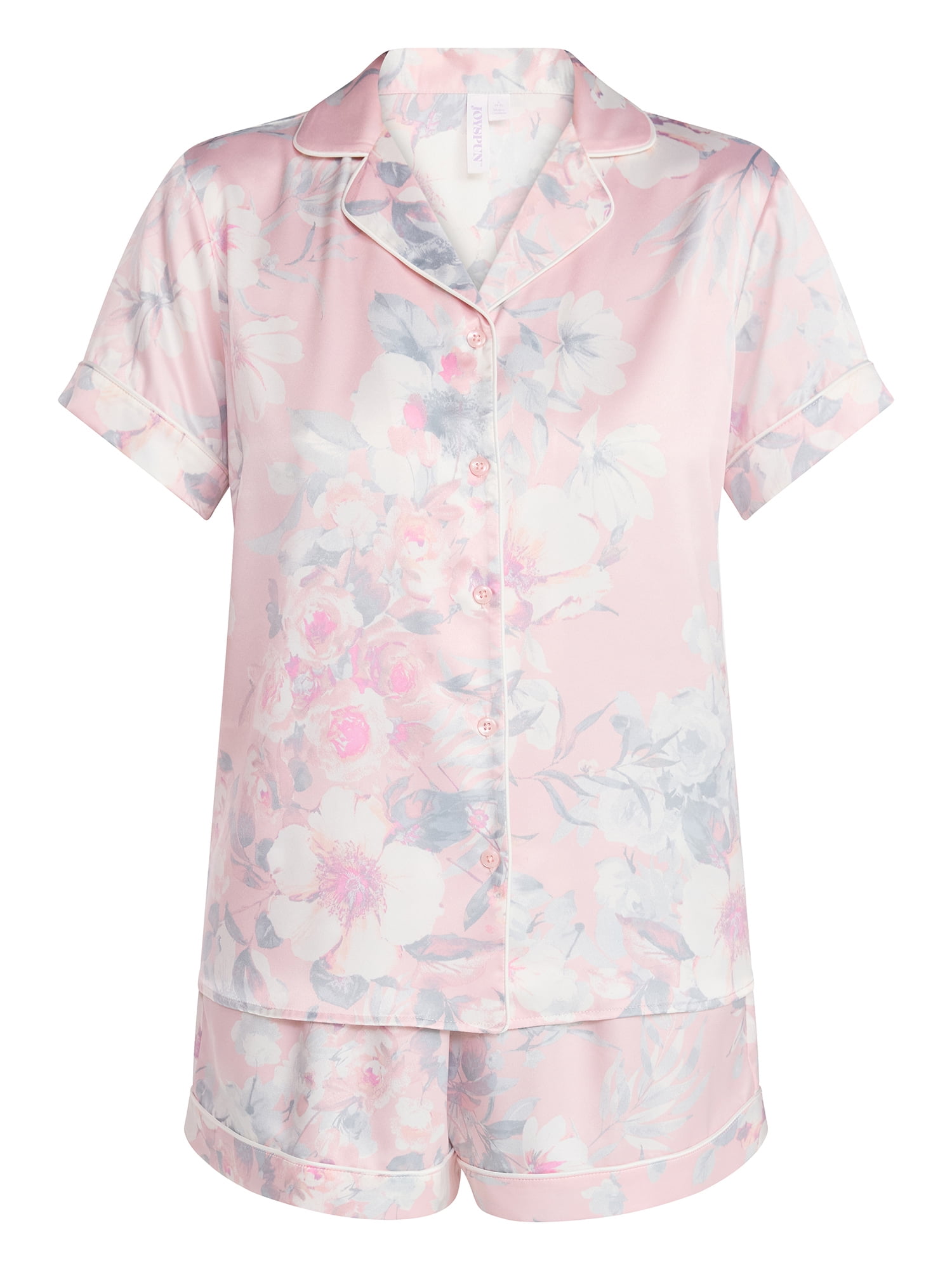 Joyspun Women’s Bridal Satin Short Sleeve Top and Shorts Pajama Set, Sizes XS-3X