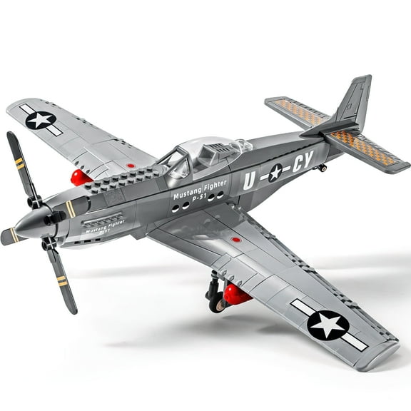 HI-REEKE WW2 Army Fighter Airplane Building Block Set P-51 Mustang Plane Kit Plastic Toy Gift Gray