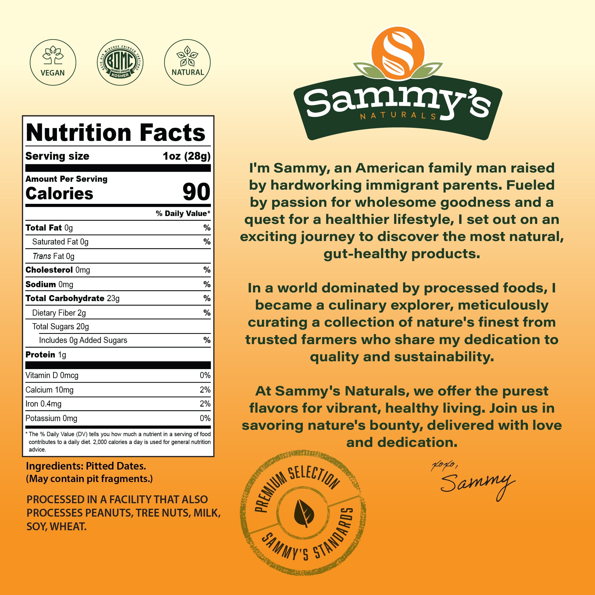 Sammys Naturals Deglet Noor Dates, Pitted, No Sugar Added (32oz - 2 lbs) Non-GMO, Vegan