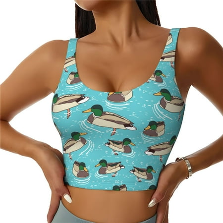Adobk Mallard Ducks Swimming In The Lake Print Sports Bras for Women Longline Workout Crop Tank Tops Padded with Built in Shelf Padded Sports Bra-X-Large