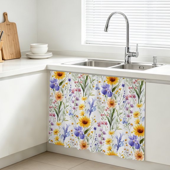 Wildflowers Cabinet Curtain, Spring Summer Sink Skirt for Bathroom, Under Sink shelf Curtain Privacy Drape for Kitchen Laundry Room 10x11in
