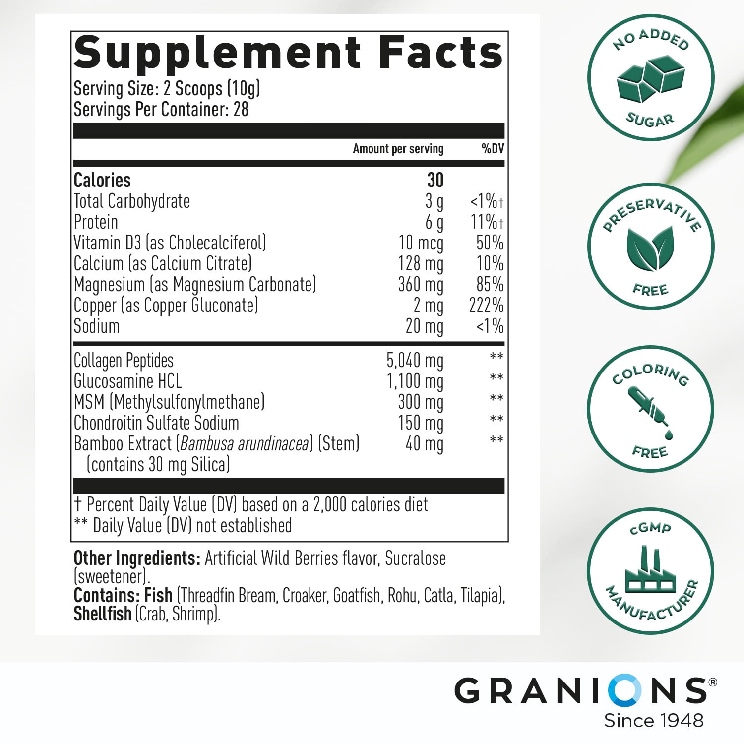 GRANIONS Collagen + Glucosamine Chondroitin MSM Powder, Joint Support, Wild Berries, 9.7 oz
