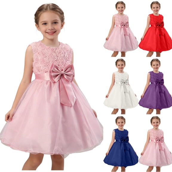 HBGVBA Girl Princess Dresses,Party Tiered Dress,2-14 Years Floral Applique Bow Decorated Mesh Crew Neck Party Princess Dress