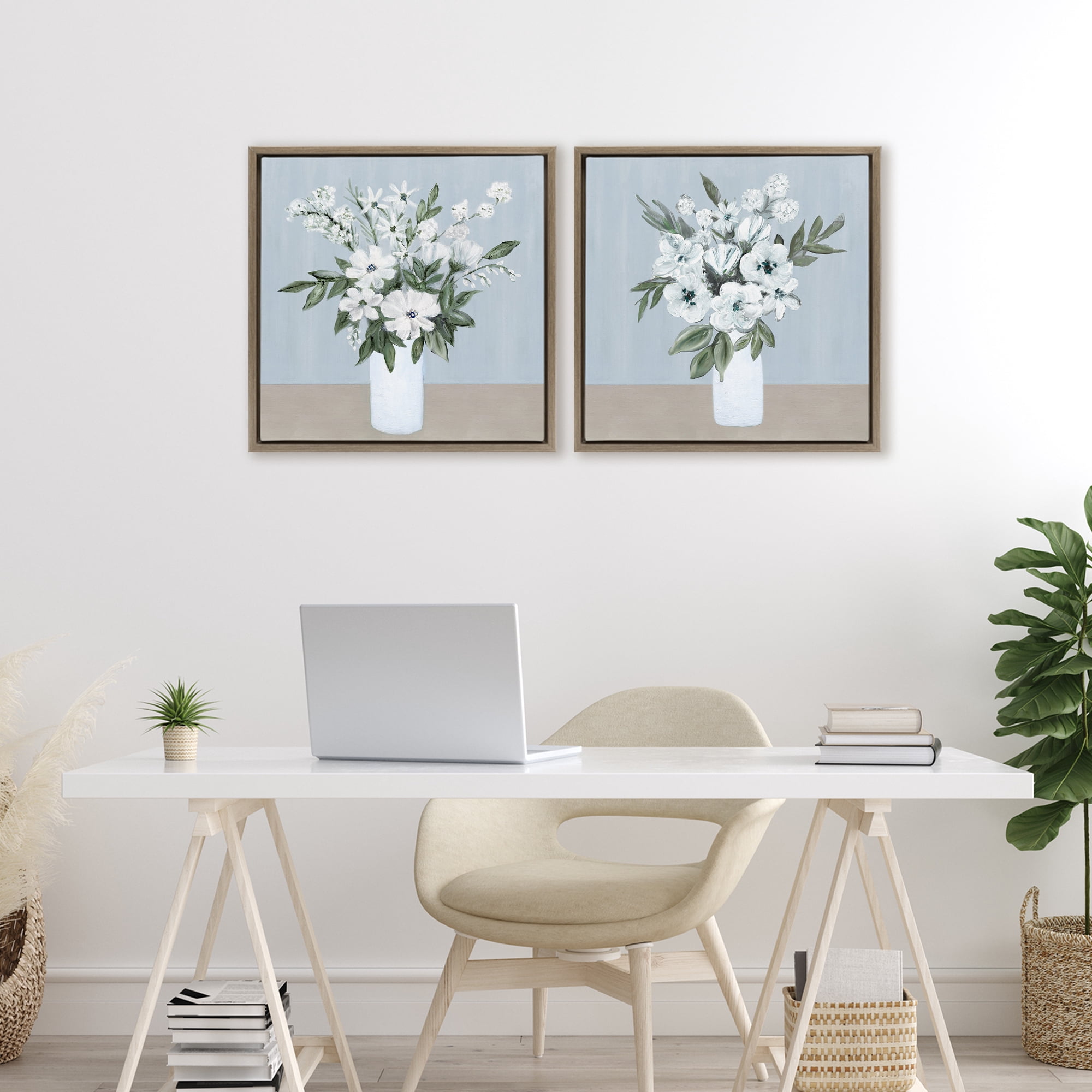 Stupell Industries Mixed White Blossoms 2 Piece Brown Framed Floater Canvas Set, design by Marilyn Dunlap