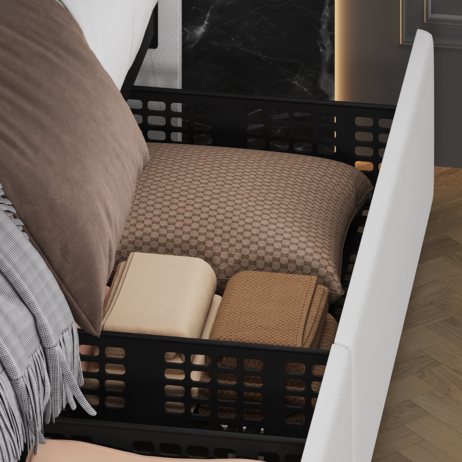 Festisoul Queen Size Bed Frame with 4 Storage Drawers, Linen Upholstered  Adjustable Headboard, No Box Spring Needed, White