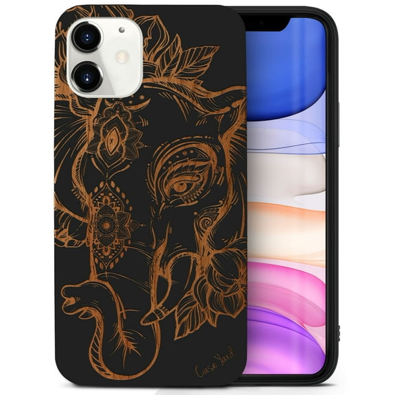 Case Yard Wooden Case for iPhone-11 Soft TPU Silicone cover Slim Fit Shockproof Wood Protective Phone Cover for Girls Boys Men and Women Supports Wireless Charging Boho Elephant Design