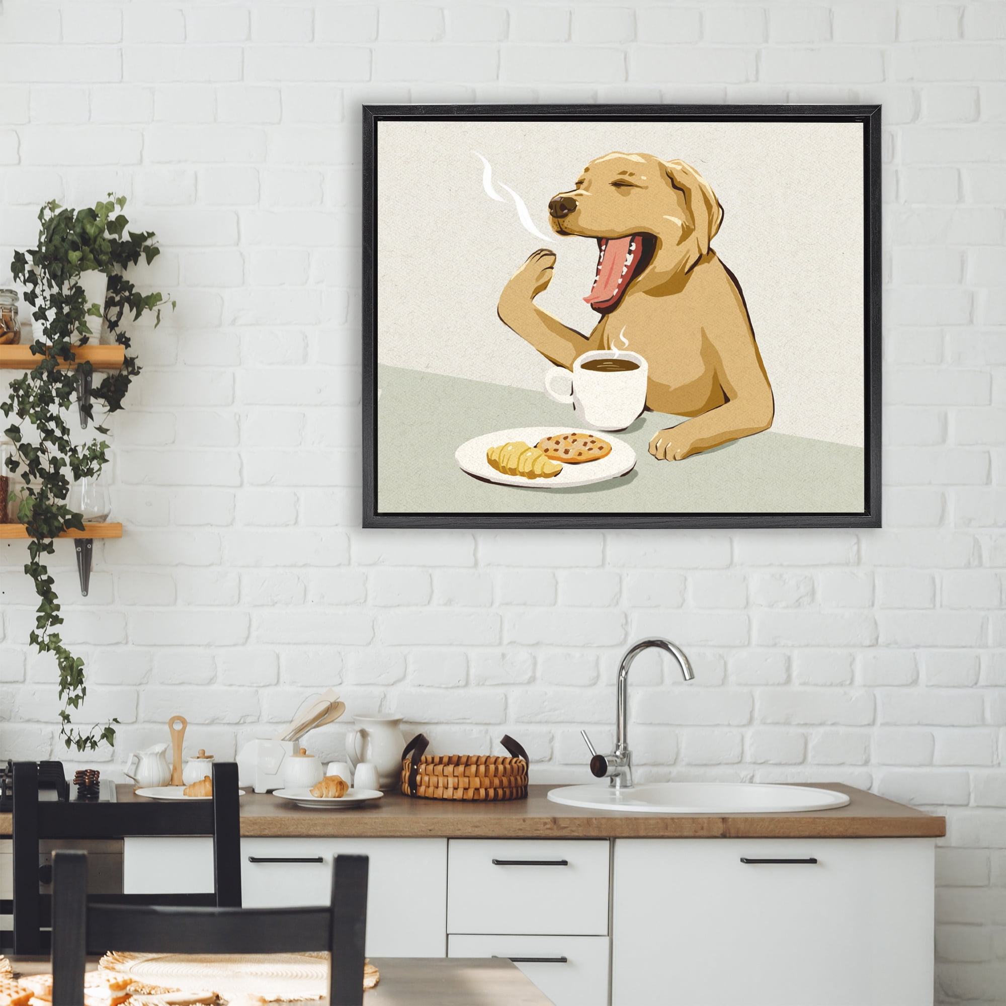 Stupell Industries Yawning Dog with Morning Coffee Black Framed Floater Canvas Wall Art, design by Ziwei Li