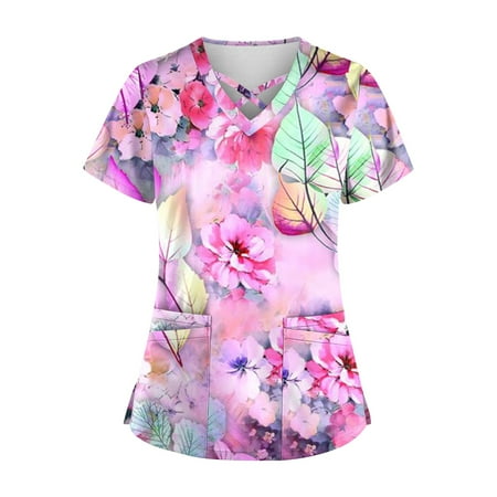 

Mlqidk Scrub Shirts for Women Nurse Gifts Printed Scrub Tops Women Criss Cross V Neck Short Sleeve Nursing Tops with Pockets Purple XXXL