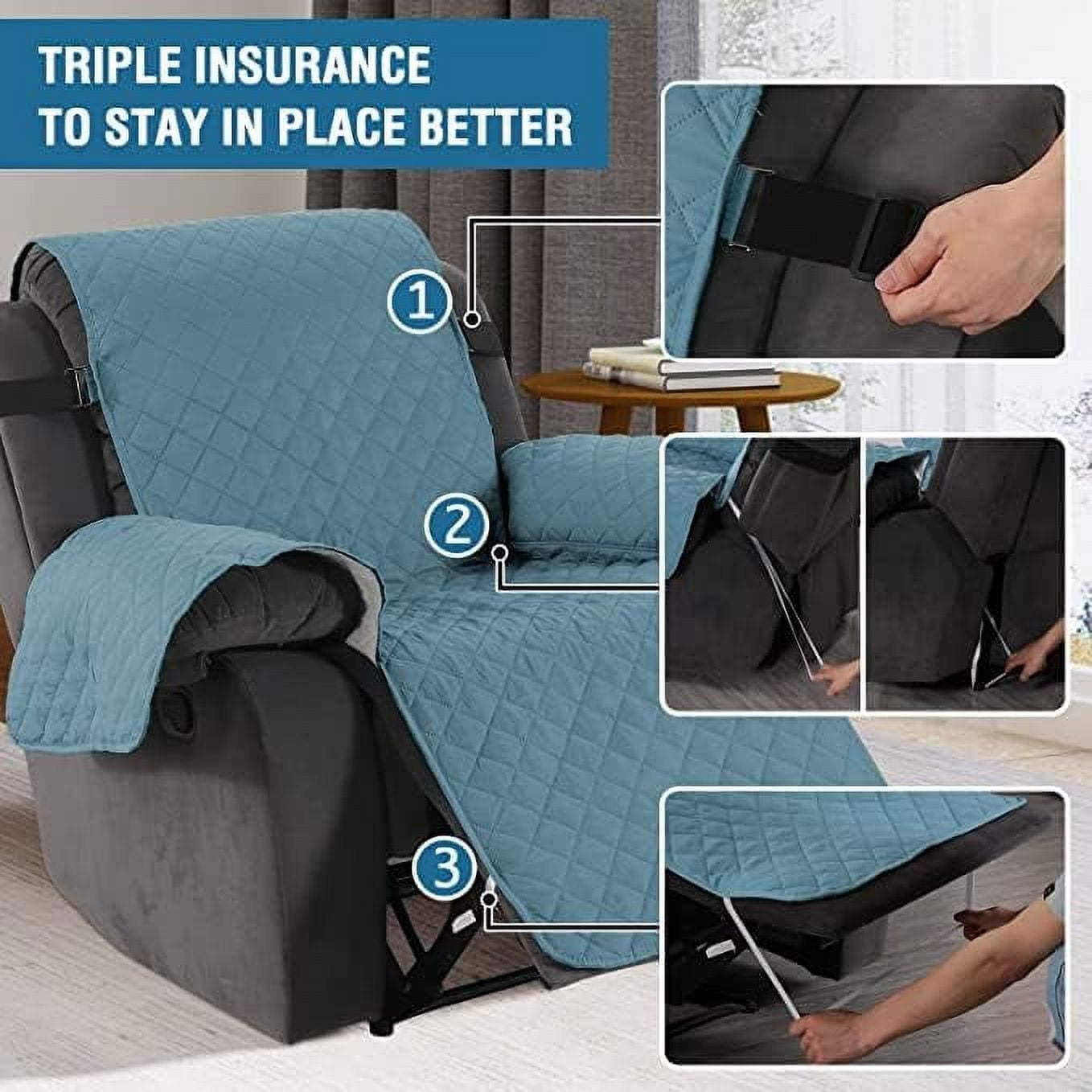 SHANNA Sofa Covers for 3 Cushion Couch, Water Repellent Reversible Quilted Sofa Slipcovers, Non Slip Sofa Covers 3 Seater, Furniture Protector for Pets Kids Dog Cat, Gray Blue,3-Seater