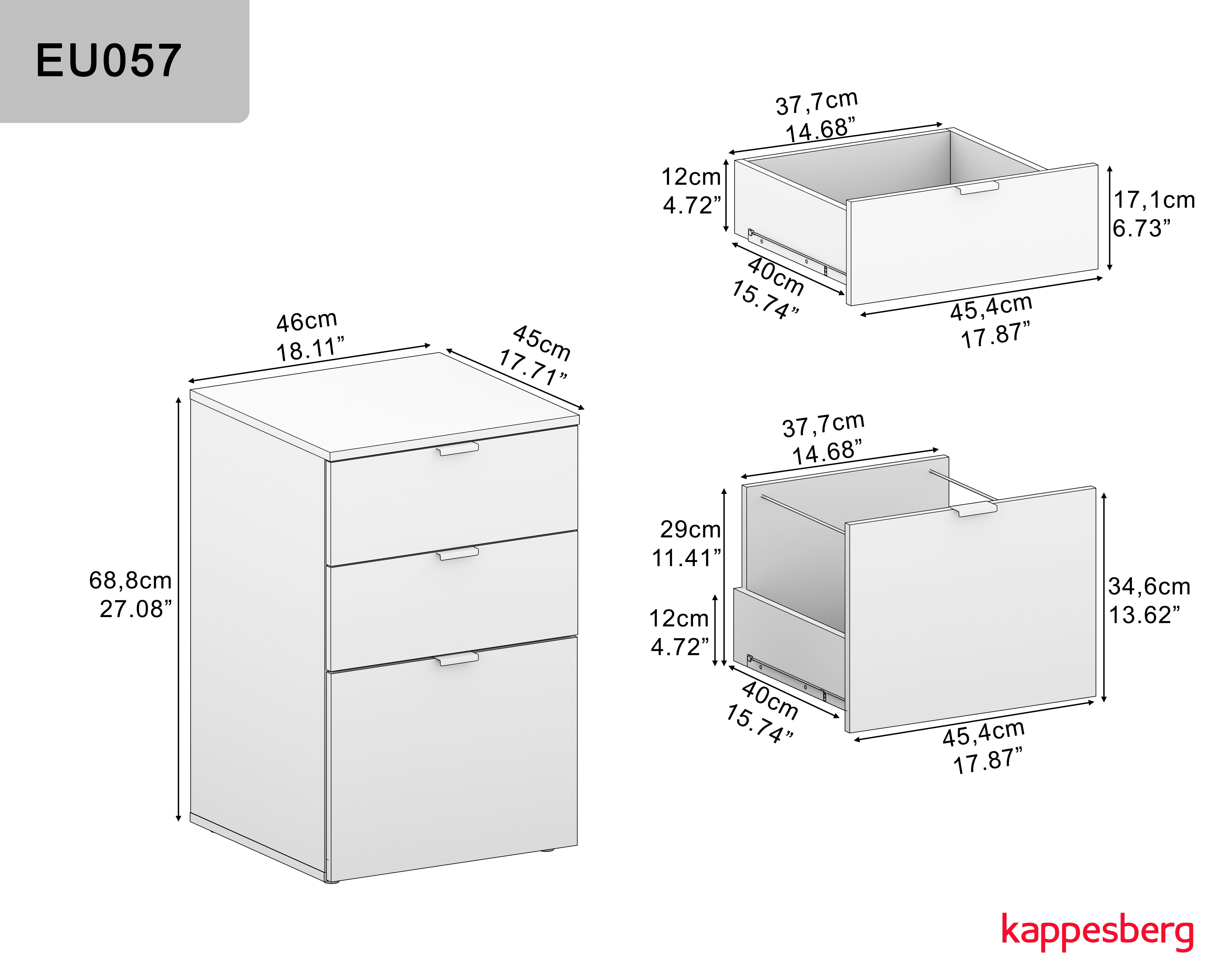 Kappesberg Madison 2-Piece File Cabinet Set, 3-Drawer Office Storage Cabinet, White Finish