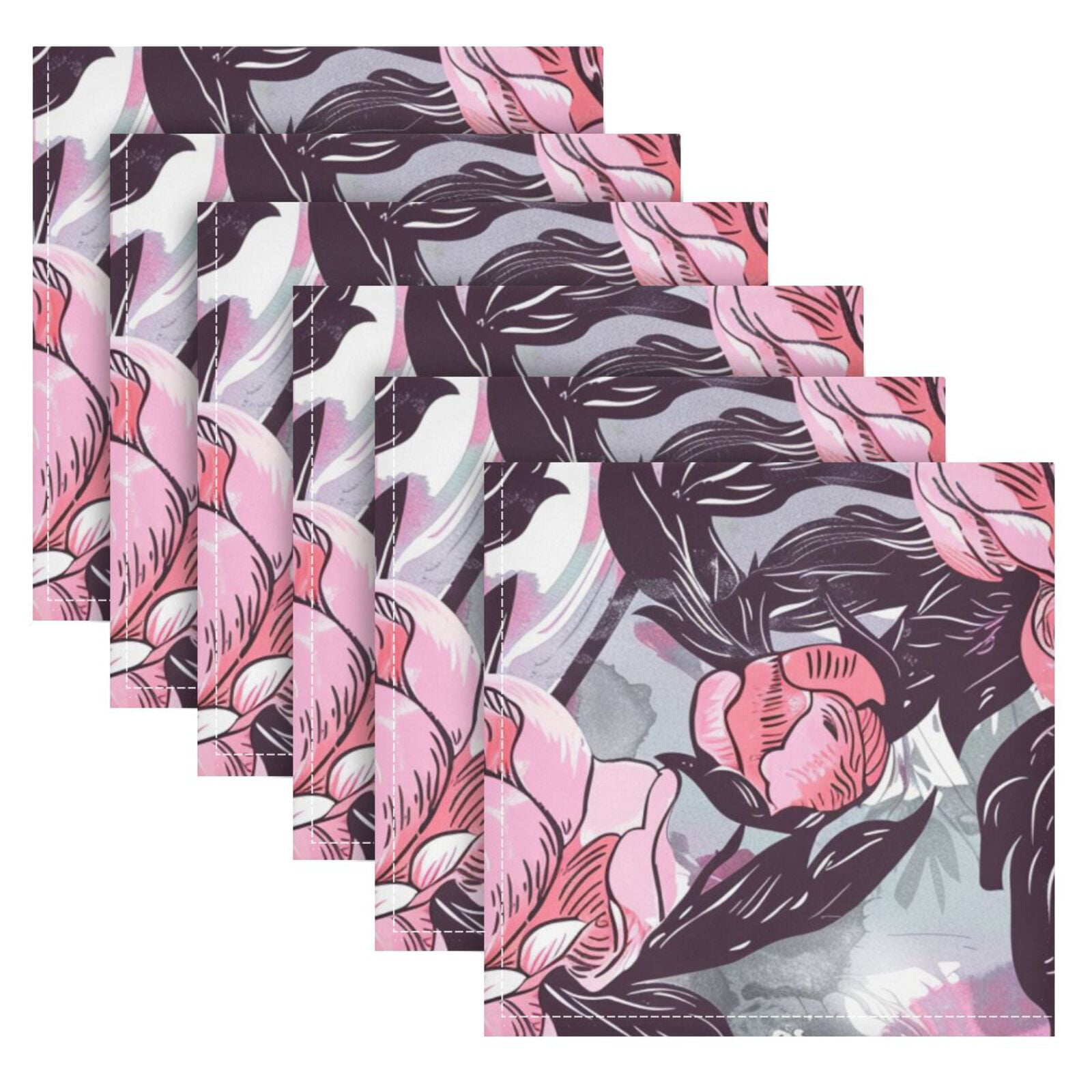 JSTEL Pink Peony Flower Watercolor Cloth Napkins Set of 6, 20x20 Inch Washable and Reusable Napkin for Decoupage Dinner Party Everyday Use