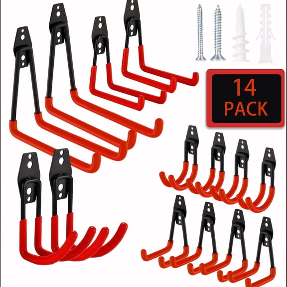 14 Pack Garage Hooks Set Heavy Duty - Industrial Steel Wall Mount Hangers with Anti-Slip Coating, Multi-Purpose Storage Organizer for Hanging Bike, Ladder, Garden/Yard Tools, Hose, Chairs & Ropes