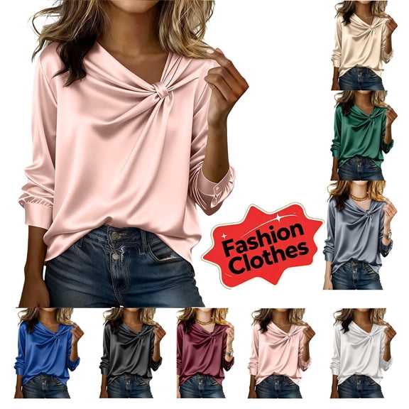 Cmfcve Women's Knot Front Satin Tops Ruched V Neck 3/4 Sleeves Shirts Elegant Silky Dressy Casual Loose Fit Blouses
