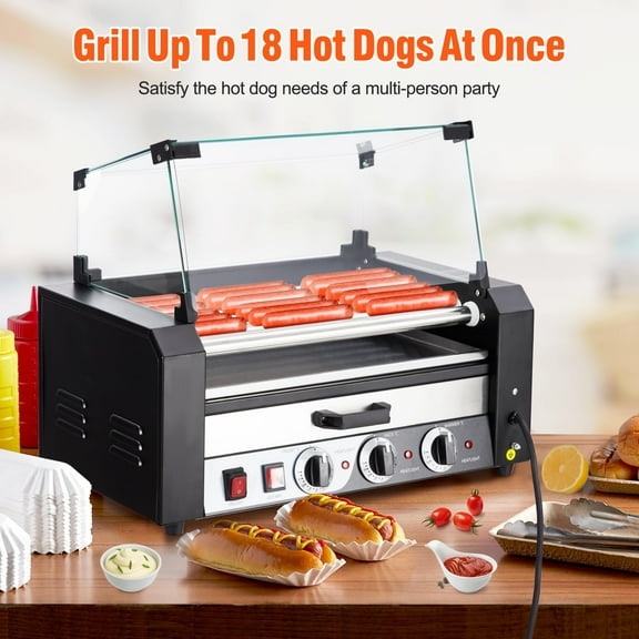 Tuekys Commercial Hot Dog Roller, 7 Rollers 18 Hot Dogs Capacity 1350W Stainless Sausage Grill Cooker Machine with Removable Oil Drip Tray Dual Temp Control and Glass Hood Cover, Perfect for Party