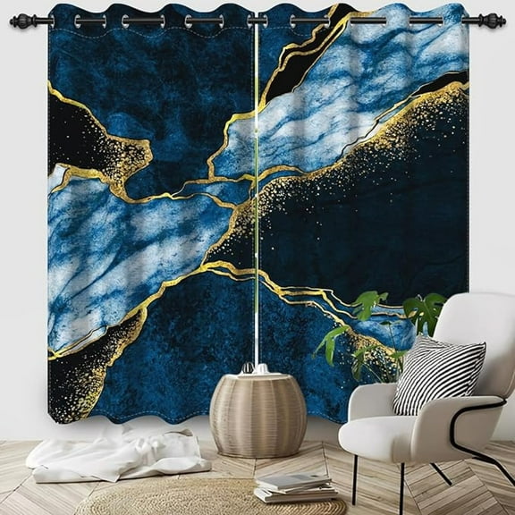 Blue Blackout Curtains, Luxury Abstract Blue And Gold Window Curtain For Living Room Modern Marble Room Darkening Drapes With Grommets 26"W x 45"L (Pack of 2)