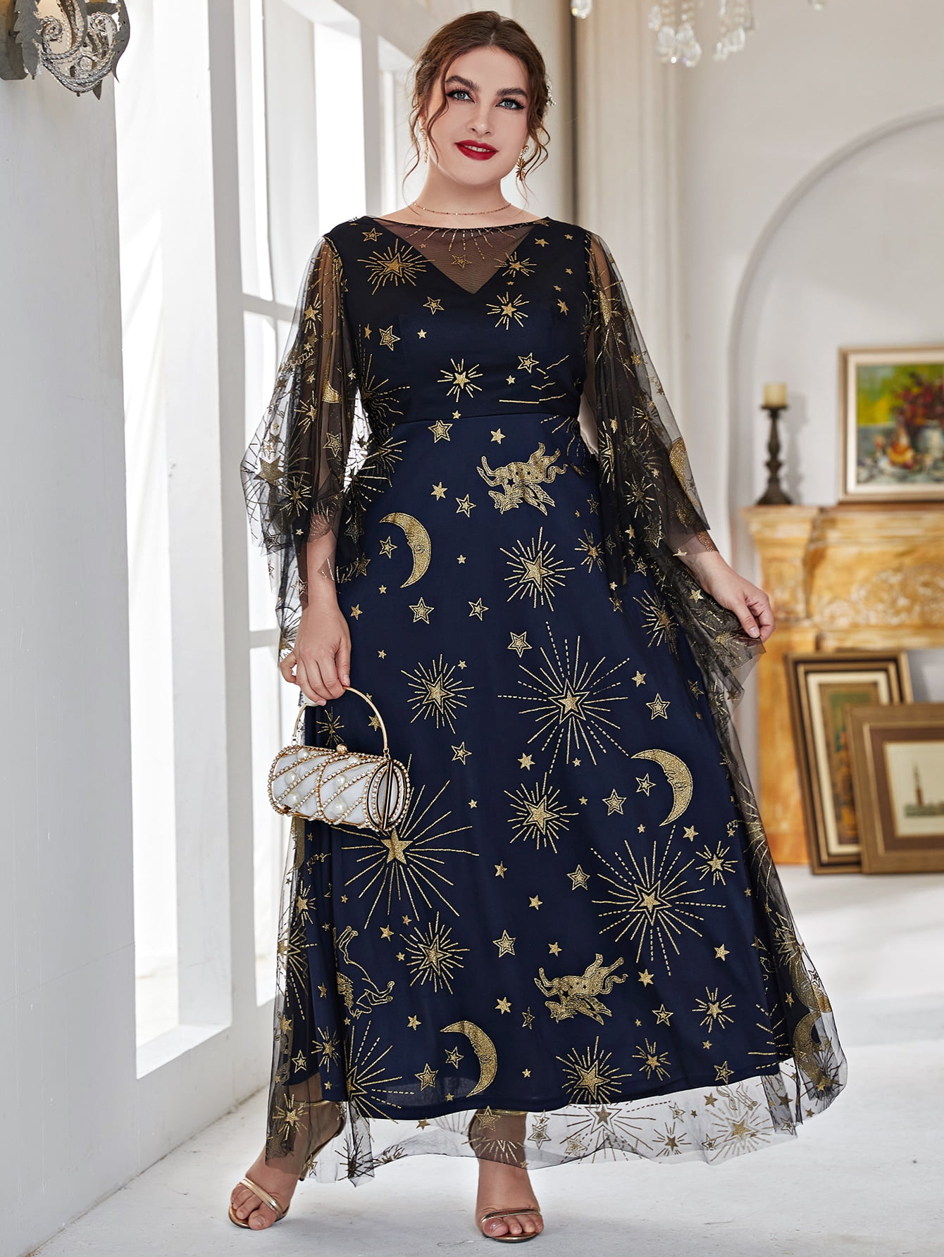 blue dress with gold stars