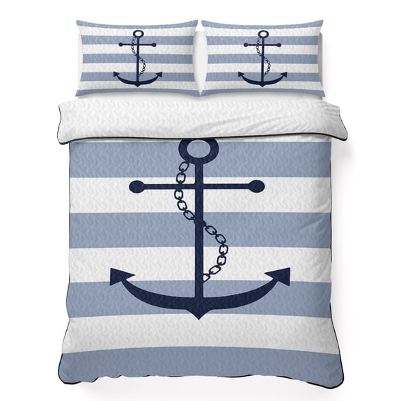 King Quilt Set 96''x106'', Blue White Striped Bedspread Coverlet with 2 Pillow Shams, Navy Blue Beach Nautical Anchor Ocean Coastal Breathable All Season Quilt Bedding for Bedroom/Guest Room