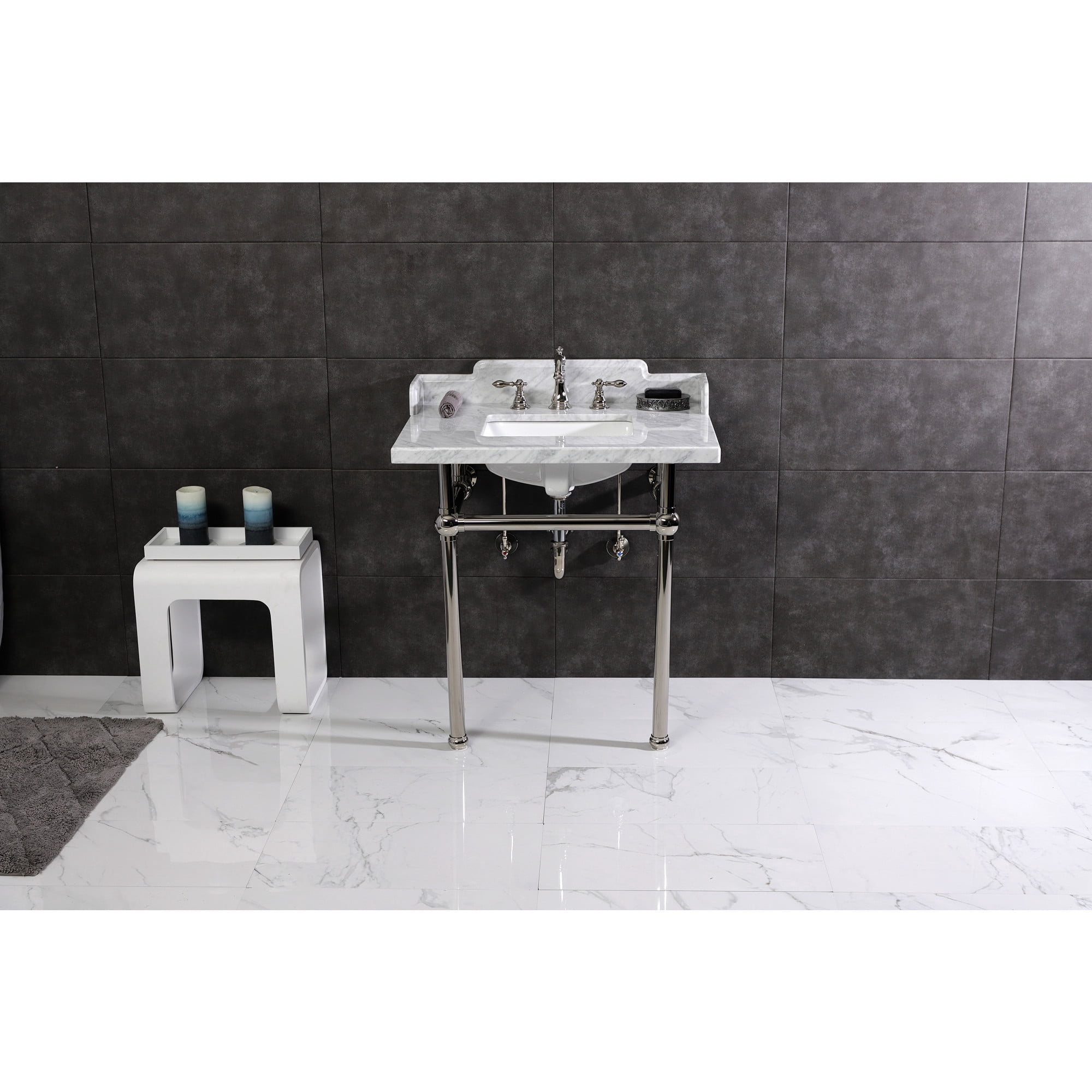 Kingston Brass LMS3030MBSQ6 Pemberton 30" Carrara Marble Console Sink with Brass Legs (8-Inch, 3-Hole), Carrara Marble White/Polished Nickel